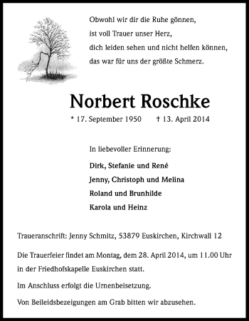 Anzeige von Norbert Roschke von Kölner Stadt-Anzeiger / Kölnische Rundschau / Express