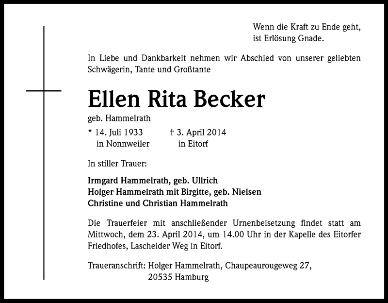  Traueranzeige für Ellen Rita Becker vom 19.04.2014 aus Kölner Stadt-Anzeiger / Kölnische Rundschau / Express