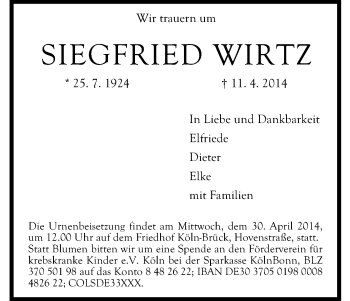 Anzeige von Siegfried Wirtz von Kölner Stadt-Anzeiger / Kölnische Rundschau / Express