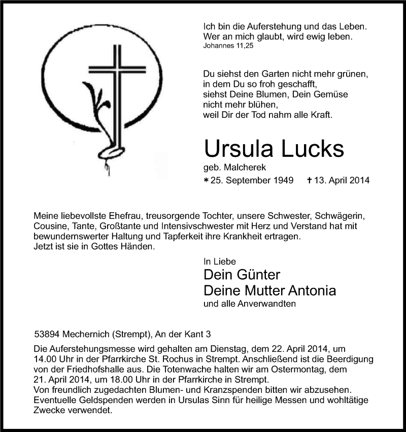  Traueranzeige für Ursula Lucks vom 16.04.2014 aus Kölner Stadt-Anzeiger / Kölnische Rundschau / Express