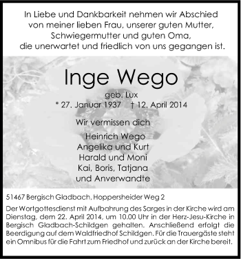 Anzeige von Inge Wego von Kölner Stadt-Anzeiger / Kölnische Rundschau / Express