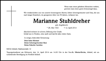 Anzeige von Marianne Stuhldreher von Kölner Stadt-Anzeiger / Kölnische Rundschau / Express