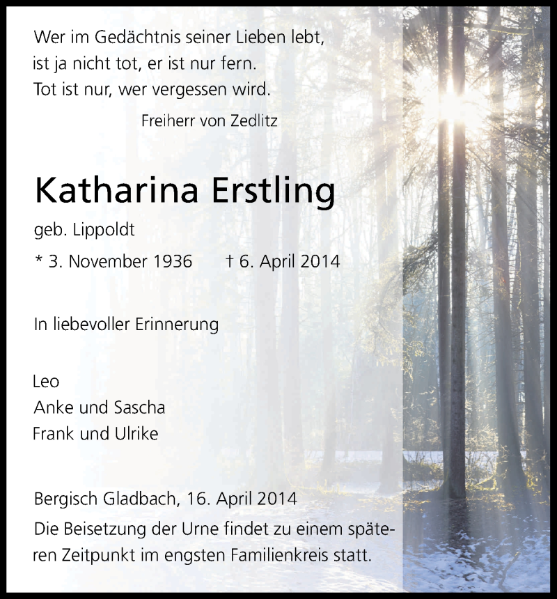  Traueranzeige für Katharina Erstling vom 16.04.2014 aus Kölner Stadt-Anzeiger / Kölnische Rundschau / Express