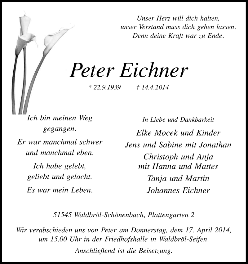  Traueranzeige für Peter Eichner vom 16.04.2014 aus Kölner Stadt-Anzeiger / Kölnische Rundschau / Express