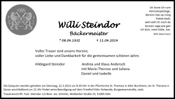 Anzeige von Willi Steindor von Kölner Stadt-Anzeiger / Kölnische Rundschau / Express