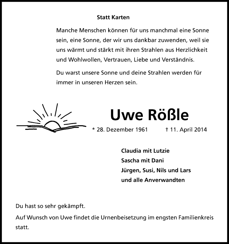  Traueranzeige für Uwe Rößle vom 16.04.2014 aus Kölner Stadt-Anzeiger / Kölnische Rundschau / Express