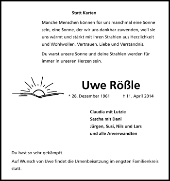 Anzeige von Uwe Rößle von Kölner Stadt-Anzeiger / Kölnische Rundschau / Express