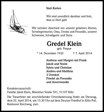 Anzeige von Gredel Klein von Kölner Stadt-Anzeiger / Kölnische Rundschau / Express