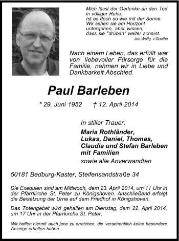 Anzeige von Paul Barleben von Kölner Stadt-Anzeiger / Kölnische Rundschau / Express