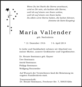 Anzeige von Maria Vallender von Kölner Stadt-Anzeiger / Kölnische Rundschau / Express