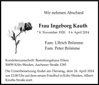 Anzeige von Ingeborg Kauth von Kölner Stadt-Anzeiger / Kölnische Rundschau / Express