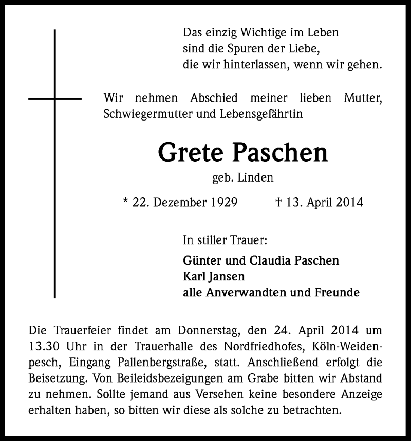  Traueranzeige für Margarete Paschen vom 19.04.2014 aus Kölner Stadt-Anzeiger / Kölnische Rundschau / Express