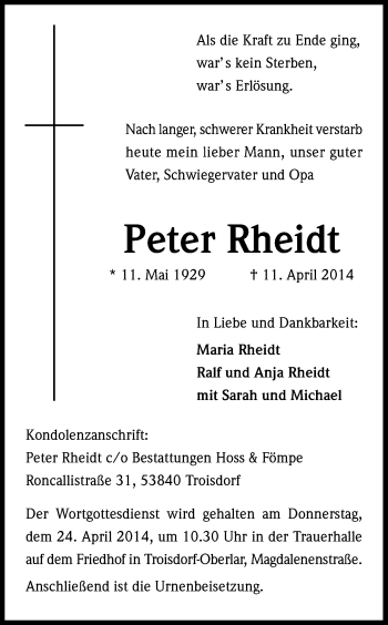 Anzeige von Peter Rheidt von Kölner Stadt-Anzeiger / Kölnische Rundschau / Express