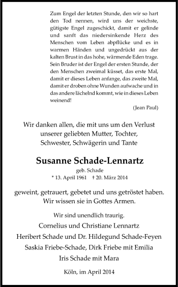 Anzeige von Susanne Schade-Lennartz von Kölner Stadt-Anzeiger / Kölnische Rundschau / Express