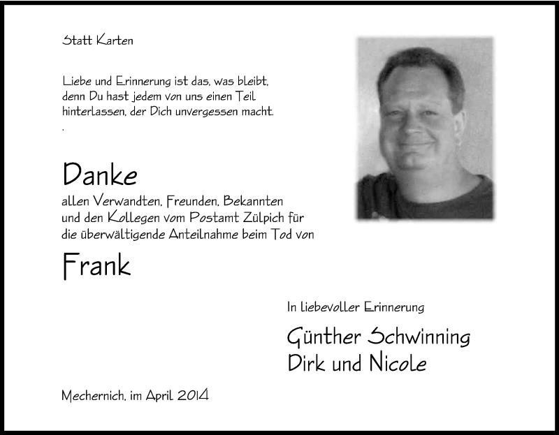  Traueranzeige für Frank  vom 16.04.2014 aus Kölner Stadt-Anzeiger / Kölnische Rundschau / Express
