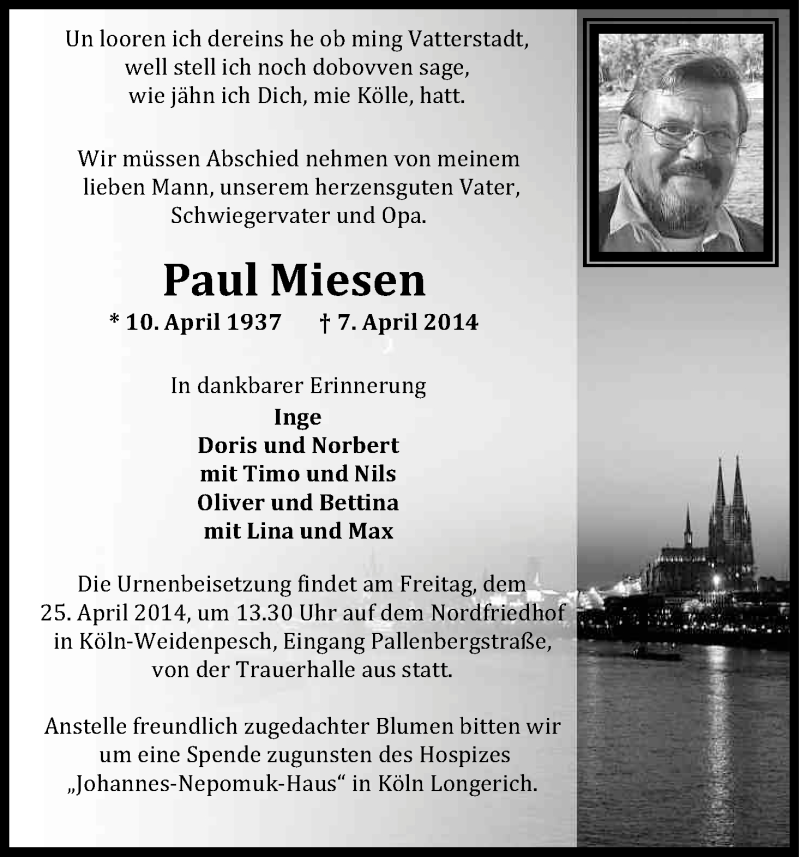  Traueranzeige für Paul Miesen vom 19.04.2014 aus Kölner Stadt-Anzeiger / Kölnische Rundschau / Express