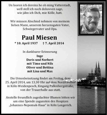 Anzeige von Paul Miesen von Kölner Stadt-Anzeiger / Kölnische Rundschau / Express