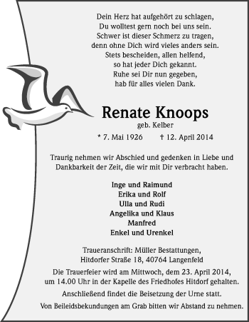 Anzeige von Renate Knoops von Kölner Stadt-Anzeiger / Kölnische Rundschau / Express