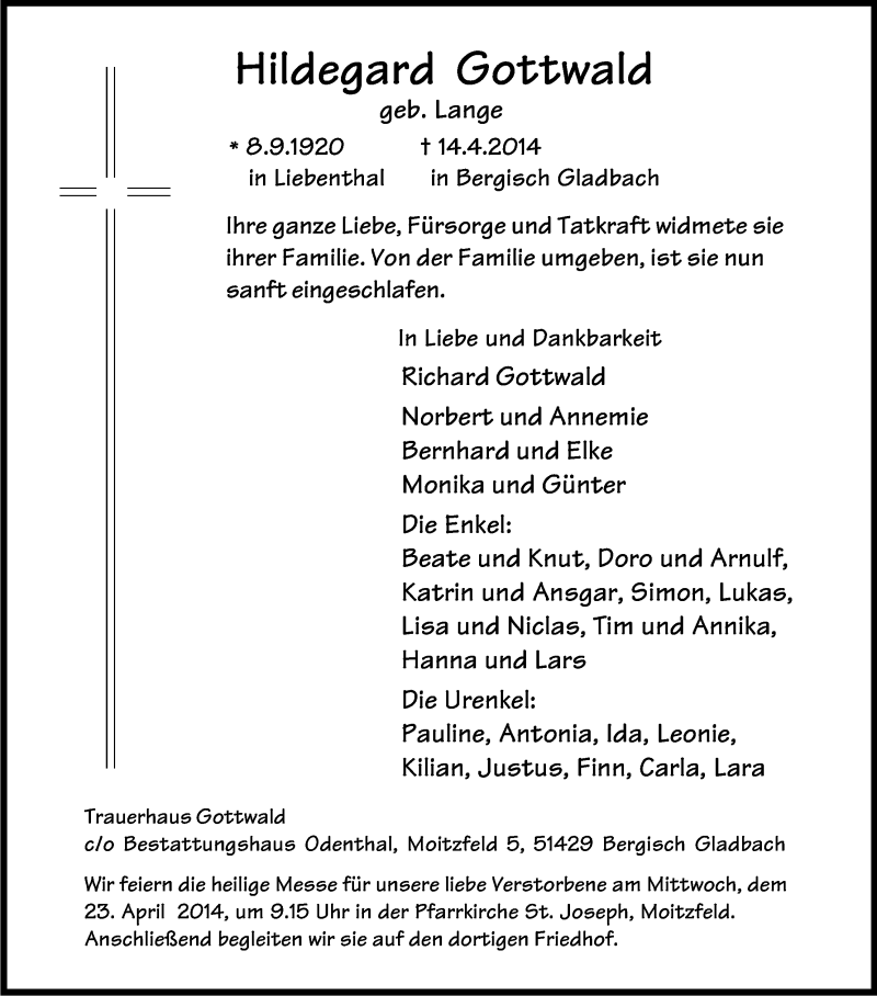  Traueranzeige für Hildegard Gottwald vom 19.04.2014 aus Kölner Stadt-Anzeiger / Kölnische Rundschau / Express