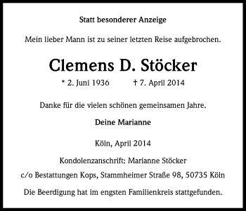 Anzeige von Clemens D. Stöcker von Kölner Stadt-Anzeiger / Kölnische Rundschau / Express