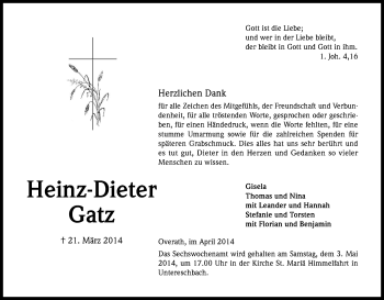 Anzeige von Heinz-Dieter Gatz von Kölner Stadt-Anzeiger / Kölnische Rundschau / Express