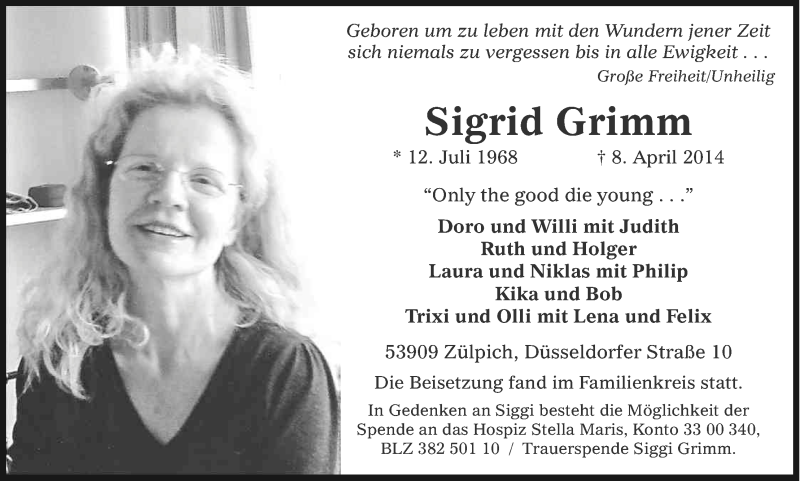  Traueranzeige für Sigrid Grimm vom 19.04.2014 aus Kölner Stadt-Anzeiger / Kölnische Rundschau / Express