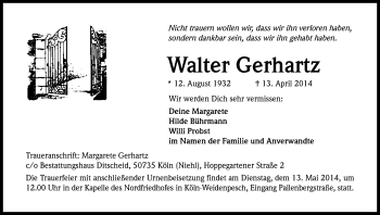 Anzeige von Walter Gerhartz von Kölner Stadt-Anzeiger / Kölnische Rundschau / Express