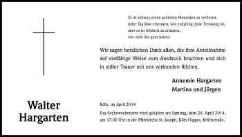 Anzeige von Walter Hargarten von Kölner Stadt-Anzeiger / Kölnische Rundschau / Express