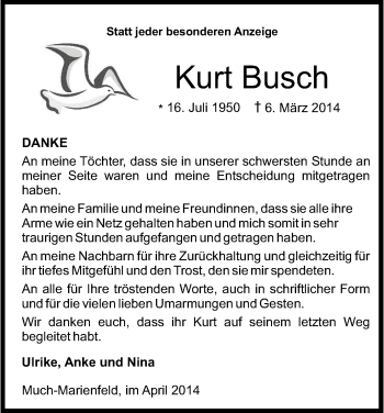 Anzeige von Kurt Busch von Kölner Stadt-Anzeiger / Kölnische Rundschau / Express
