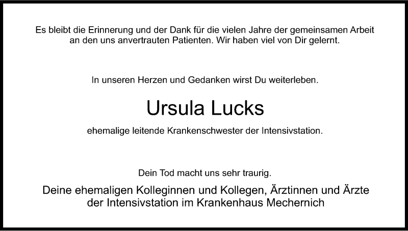  Traueranzeige für Ursula Lucks vom 16.04.2014 aus Kölner Stadt-Anzeiger / Kölnische Rundschau / Express