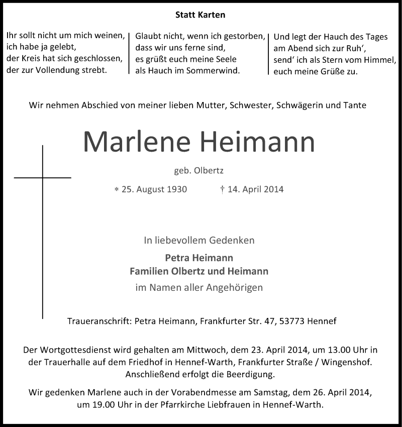 Traueranzeige für Marlene Heimann vom 16.04.2014 aus Kölner Stadt-Anzeiger / Kölnische Rundschau / Express