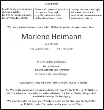Anzeige von Marlene Heimann von Kölner Stadt-Anzeiger / Kölnische Rundschau / Express