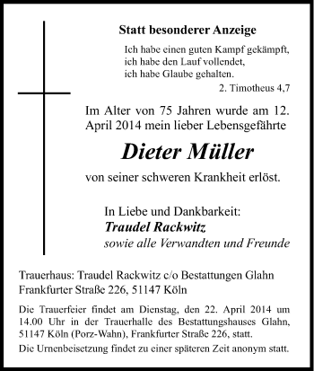 Anzeige von Dieter Müller von Kölner Stadt-Anzeiger / Kölnische Rundschau / Express