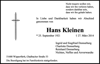 Anzeige von Hans Kleinen von Kölner Stadt-Anzeiger / Kölnische Rundschau / Express