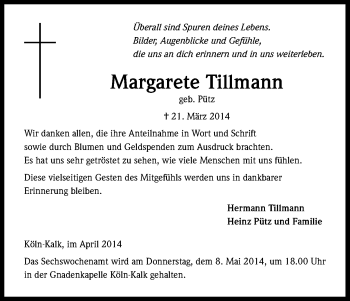 Anzeige von Margarete Tillmann von Kölner Stadt-Anzeiger / Kölnische Rundschau / Express