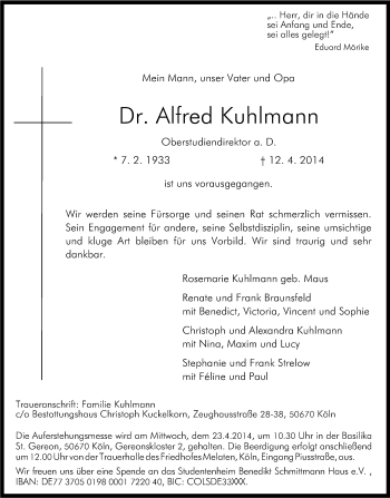 Anzeige von Alfred Kuhlmann von Kölner Stadt-Anzeiger / Kölnische Rundschau / Express