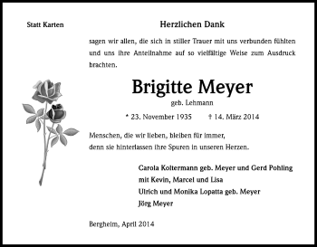 Anzeige von Brigitte Meyer von Kölner Stadt-Anzeiger / Kölnische Rundschau / Express
