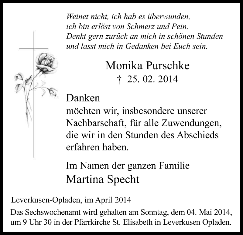  Traueranzeige für Monika Purschke vom 26.04.2014 aus Kölner Stadt-Anzeiger / Kölnische Rundschau / Express