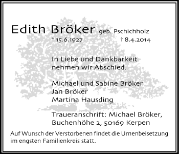 Anzeige von Edith Bröker von Kölner Stadt-Anzeiger / Kölnische Rundschau / Express
