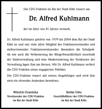 Anzeige von Alfred Kuhlmann von Kölner Stadt-Anzeiger / Kölnische Rundschau / Express