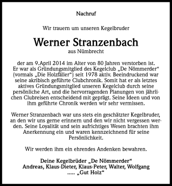 Anzeige von Werner Stranzenbach von Kölner Stadt-Anzeiger / Kölnische Rundschau / Express