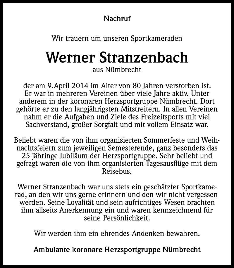  Traueranzeige für Werner Stranzenbach vom 19.04.2014 aus Kölner Stadt-Anzeiger / Kölnische Rundschau / Express
