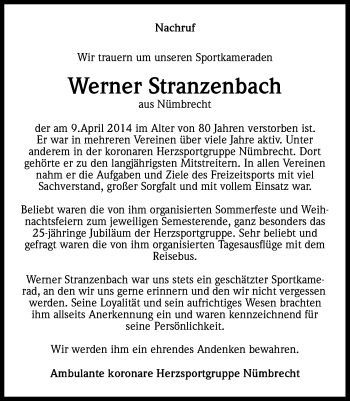 Anzeige von Werner Stranzenbach von Kölner Stadt-Anzeiger / Kölnische Rundschau / Express