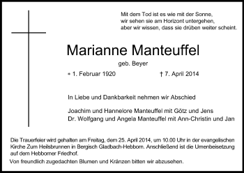 Anzeige von Marianne Manteuffel von Kölner Stadt-Anzeiger / Kölnische Rundschau / Express