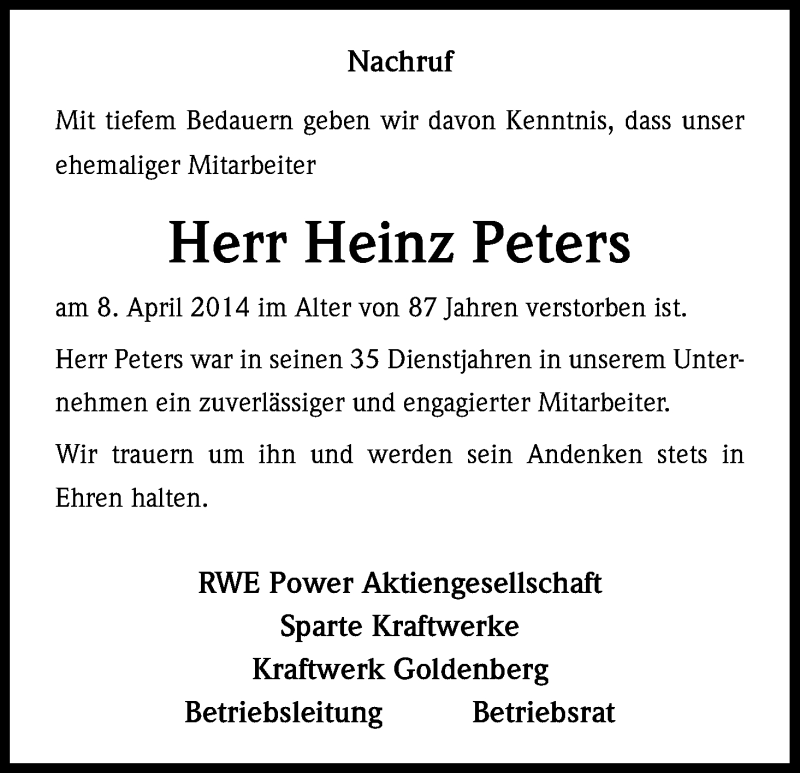  Traueranzeige für Heinz Peters vom 22.04.2014 aus Kölner Stadt-Anzeiger / Kölnische Rundschau / Express