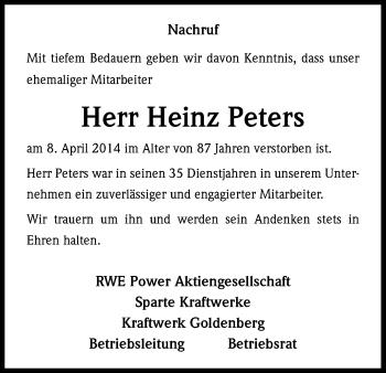Anzeige von Heinz Peters von Kölner Stadt-Anzeiger / Kölnische Rundschau / Express