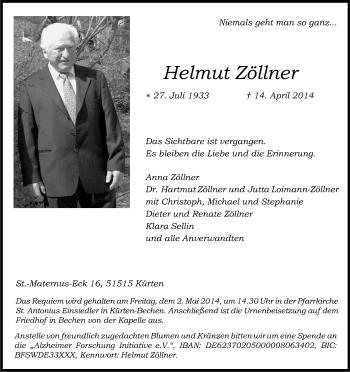 Anzeige von Helmut Zöllner von Kölner Stadt-Anzeiger / Kölnische Rundschau / Express
