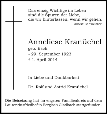 Anzeige von Anneliese Kranüchel von Kölner Stadt-Anzeiger / Kölnische Rundschau / Express