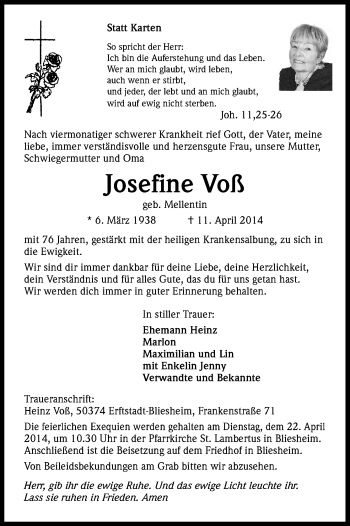 Anzeige von Josefine Voß von Kölner Stadt-Anzeiger / Kölnische Rundschau / Express