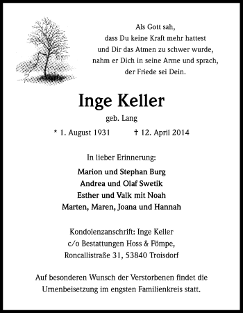 Anzeige von Inge Keller von Kölner Stadt-Anzeiger / Kölnische Rundschau / Express